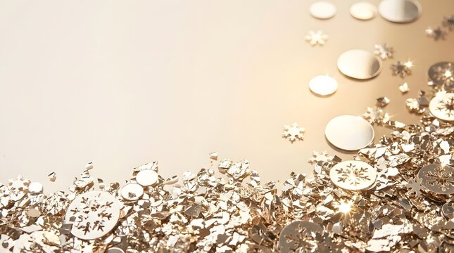 Pale golden snowflakes and round confetti scattered on soft surface