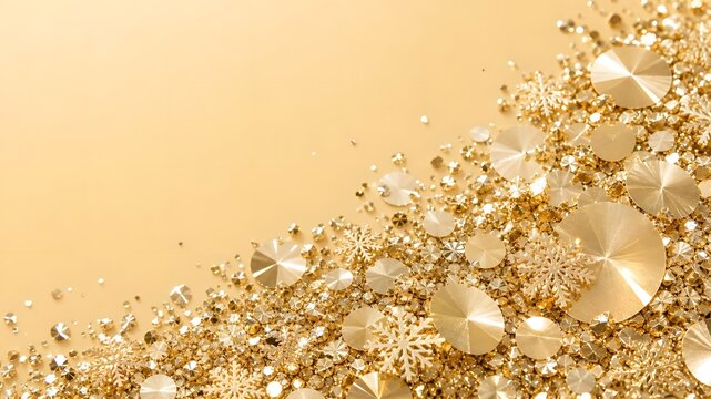 Dense pile of golden metallic sequins on bright yellow flat surface