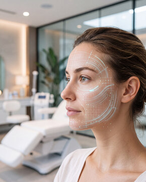 Young woman receiving advanced digital facial skin analysis with futuristic holographic mesh overlay in modern cosmetology clinic, ai technology beauty concept.