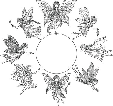 Circular Fairy Frame Design Featuring Cute Magical Pixies with Ornate Wings Flying Around Copy Space for Coloring Pages and Fantasy Illustrations