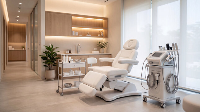 Modern luxury cosmetology room interior in aesthetic clinic, advanced laser hardware machine and white adjustable treatment chair in bright medical spa.