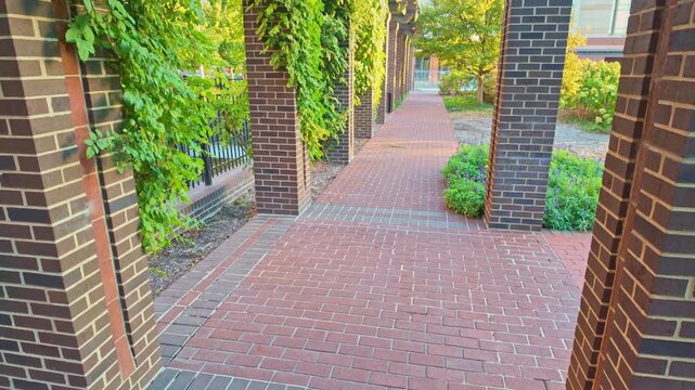 Vine-covered brick pergola pillars and paved walkway at Hudnut Commons in downtown Indianapolis Marion County Indiana