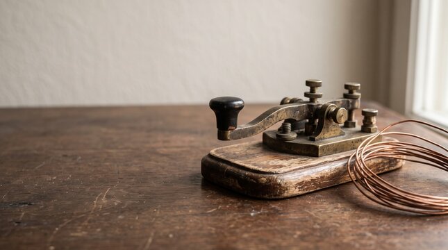 Vintage telegraph key on antique wooden table, antique brass morse code transmitter, historical communication device