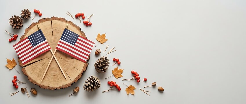 American Veterans Day Small American flags on wooden stump with pinecones and berries on light gray surface