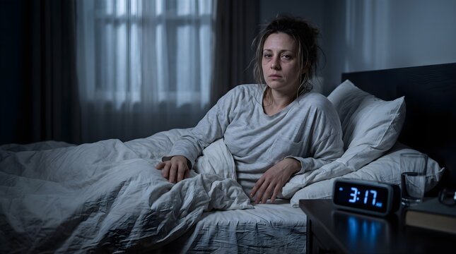 Exhausted woman suffering from insomnia sitting upright in bed staring blankly at glowing digital bedside clock during dark night