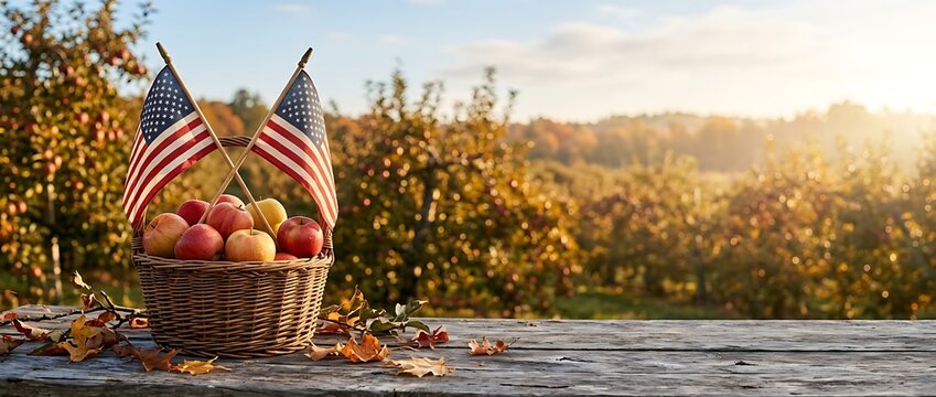 American Veterans Day Rustic wooden table outdoors featuring woven wicker basket filled with fresh harvested red apples and small American flags during autumn sunset