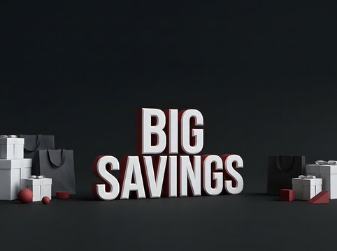 Big savings text with gift boxes and shopping bags on a dark black background