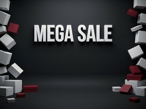 Mega sale text sign with falling white and red 3d boxes on a dark black background