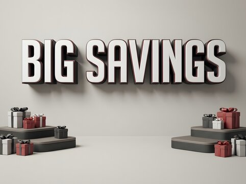 Big savings text sign with gift boxes on podiums for sale promotion and shopping event