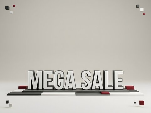 3d metallic silver mega sale text sign on a dark modern geometric platform for advertising