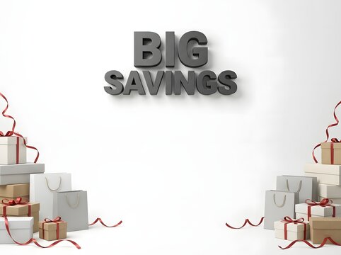 Big savings text sign with many gift boxes and shopping bags for a holiday retail sale