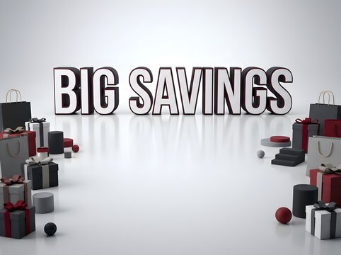 Big savings text with many gift boxes and shopping bags for holiday sales and promotion