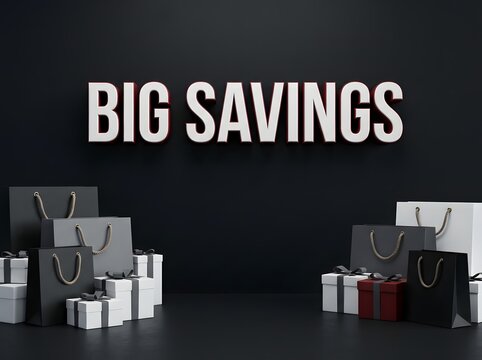 Big savings text sign with many shopping bags and gift boxes for a holiday sale event