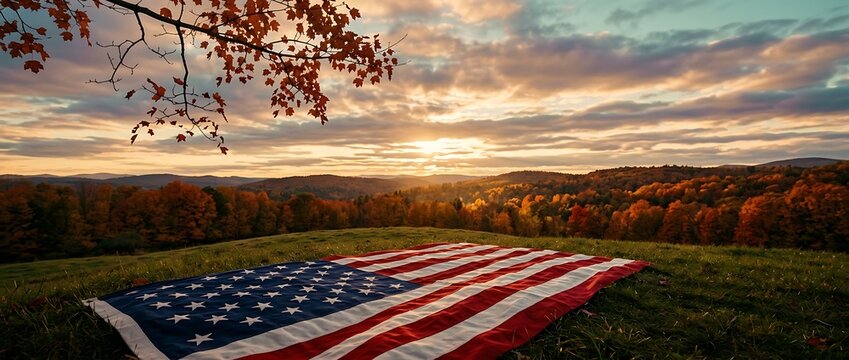 American Veterans Day Large American flag spread across rural grassy hilltop overlooking vibrant autumn foliage forest and warm sunset sky