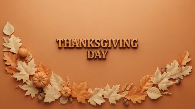 Thanksgiving day greeting with decorative autumn maple leaves on a brown background