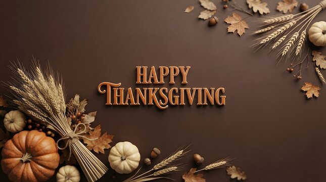 Happy thanksgiving greeting card with pumpkins and autumn leaves on a dark background