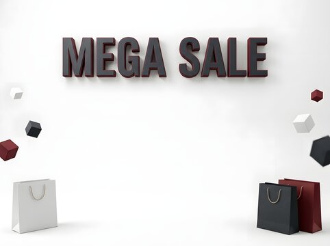 Mega sale text sign with shopping bags and floating geometric shapes for retail promotion