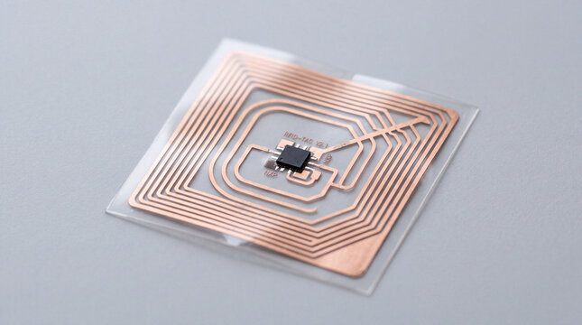 Close up of flexible RFID smart tag sticker with copper antenna lines and microchip