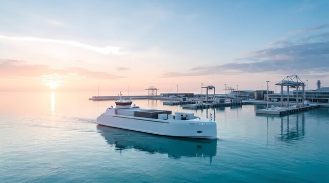 Modern autonomous electric cargo ship sailing in port harbor with container terminal at sunset