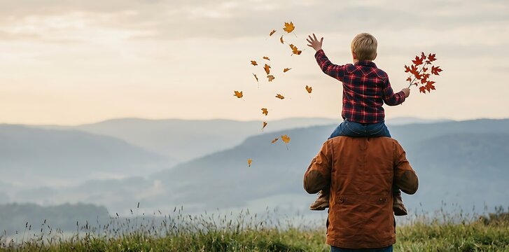 Father carrying his young son on his shoulders outdoors on a scenic hilltop while children play with autumn leaves