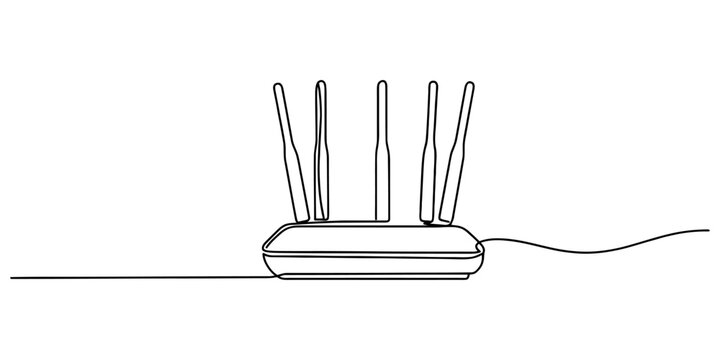 Minimalist continuous line art wireless internet router with five antennas for modern network connectivity office hardware.