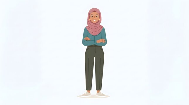 Illustration of a confident young woman wearing a hijab standing with crossed arms