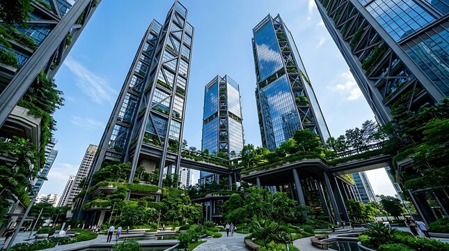 Modern skyscrapers with lush vertical greenery and gardens