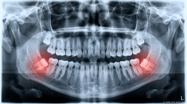 Panoramic dental radiograph showing impacted wisdom teeth