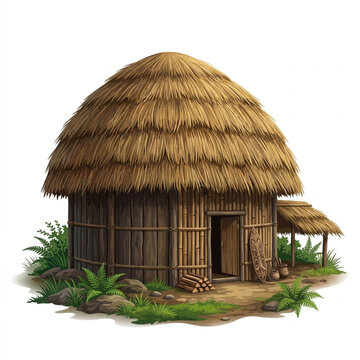 Round Thatch Hut with Porch and Shield