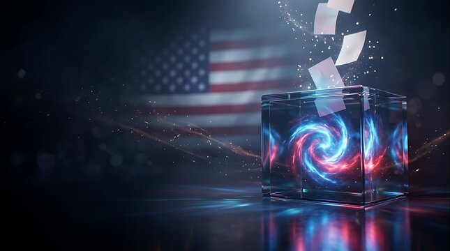 American Midterm Elections Futuristic glass cube releasing glowing data documents with American flag background and neon lights