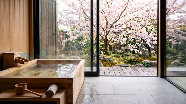 Hinoki cypress bathtub with a floor to ceiling window view of cherry blossoms, Japanese spa