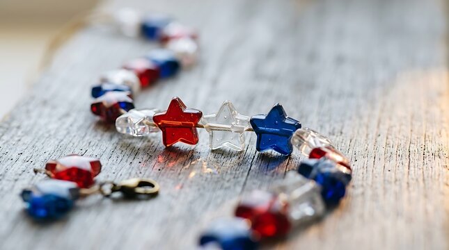 Red white and blue star glass bead bracelet on weathered wooden plank background for patriotic theme