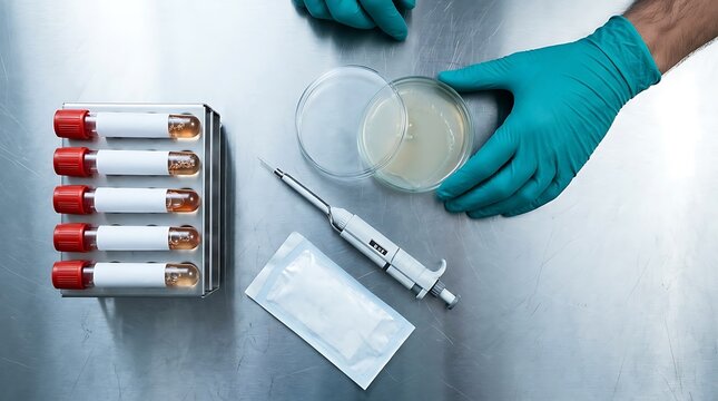 Scientist in teal gloves preparing blood samples in test tubes and petri dish on metal laboratory bench