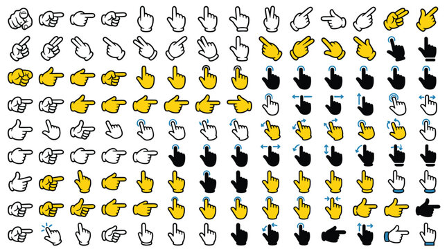 Cartoon hand cursors and touch screen gestures collection with yellow white and black colors designed for digital interface navigation and app design.