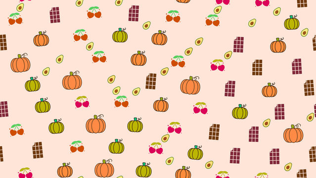 Seamless pattern of pumpkins, cherries, avocados, and chocolate bars