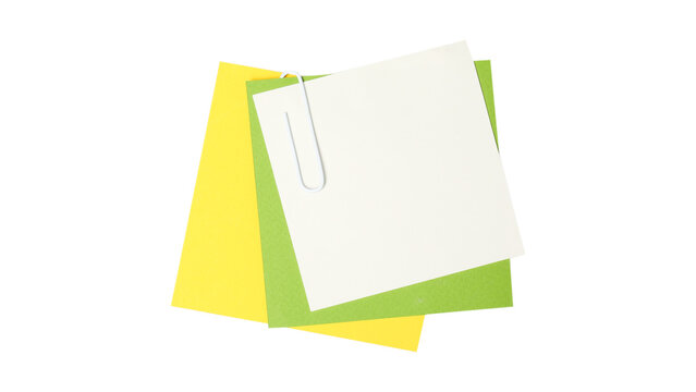Stack of Colorful Blank Square Sticky Notes with a Metal Paperclip for Organizing Office Tasks and Creative Reminders