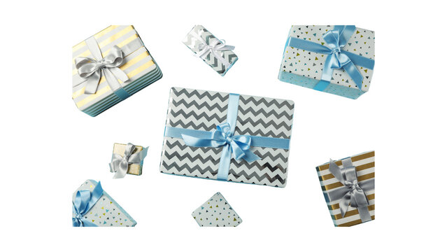 Assorted wrapped present boxes with colorful ribbons and bows on white background top view