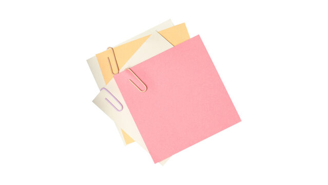 Blank colorful memo notes with paper clips isolated on white background for office reminder