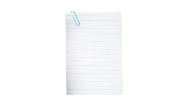Clean Blank Lined Notebook Paper Page with a Blue Paperclip Isolated on White Background