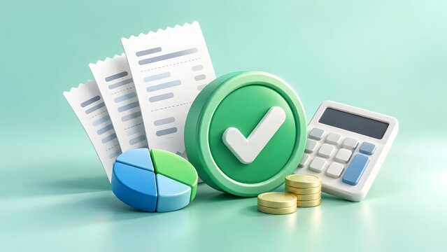 3D rendering of financial accounting concept with calculator, pie chart, receipts, gold coins and a green check mark for successful payment or approved budget