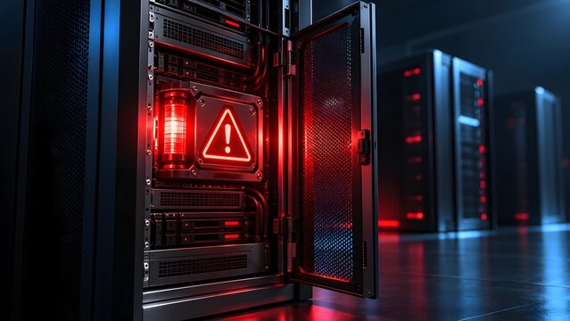 Server Rack Cabinet Open Exposing Red Warning Sign and Alert Light for Cybersecurity Threat