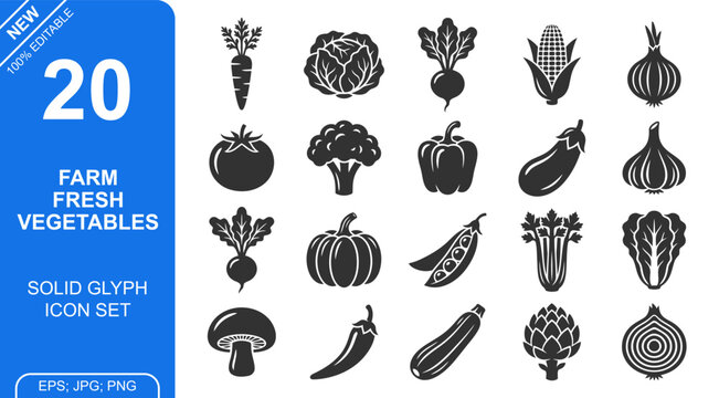 Black solid glyph icons of farm fresh vegetables including carrot cabbage beet corn onion tomato broccoli pepper eggplant garlic pumpkin pea celery lettuce