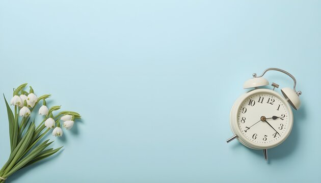 A white alarm clock sits on a light blue table, surrounded by delicate snowdrops that signal spring's arrival. These early bloomers represent the passage of time in this overhead shot.