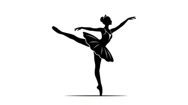 Elegant ballerina silhouette dancing arabesque pose in tutu dress and pointe shoes isolated on white background, ballet dancer vector logo concept