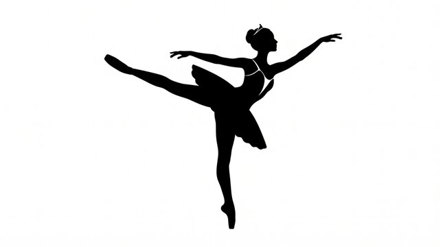 Ballerina silhouette performing arabesque dance pose in pointe shoes isolated on white background, ballet dancer vector icon