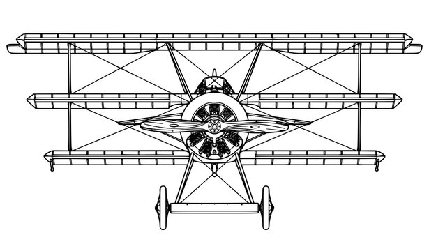 Vintage triplane aircraft front view technical vector illustration symmetrical antique airplane schematic