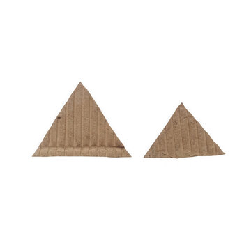 Two triangle shapes made from brown corrugated cardboard paper material for craft projects and eco friendly design isolated on transparent background