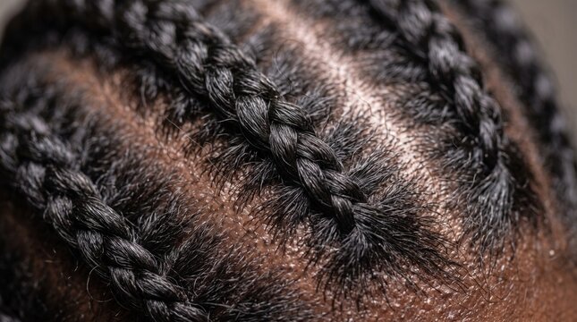 Macro close-up of intricate black cornrow braids and natural hair texture on a brown scalp