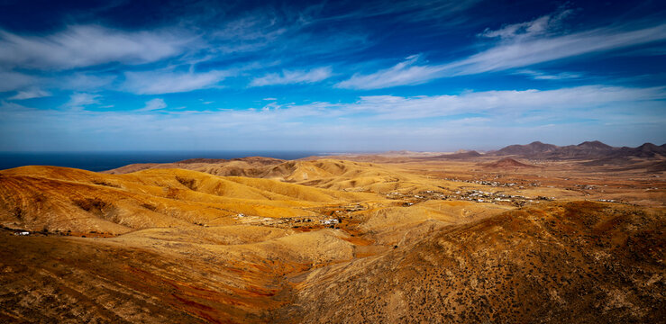 Panoramic View of a Dry Mountainous Landscape in Fuerteventura, spain