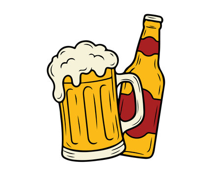 Cartoon vector illustration of a beer mug with frothy foam and a glass bottle beverage refreshment celebration